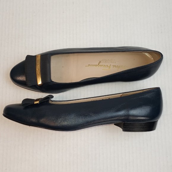 Salvatore Ferragamo Navy Almond Toe Tassel Leather Flats